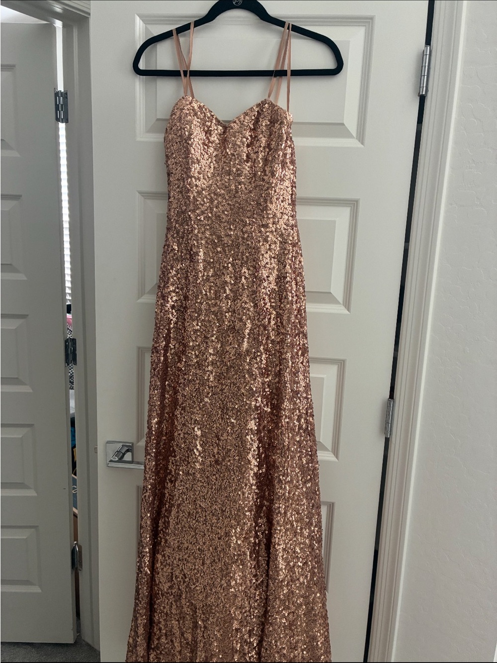 Faviana Rose Gold Sequin Spaghetti-Strap Prom Gown
